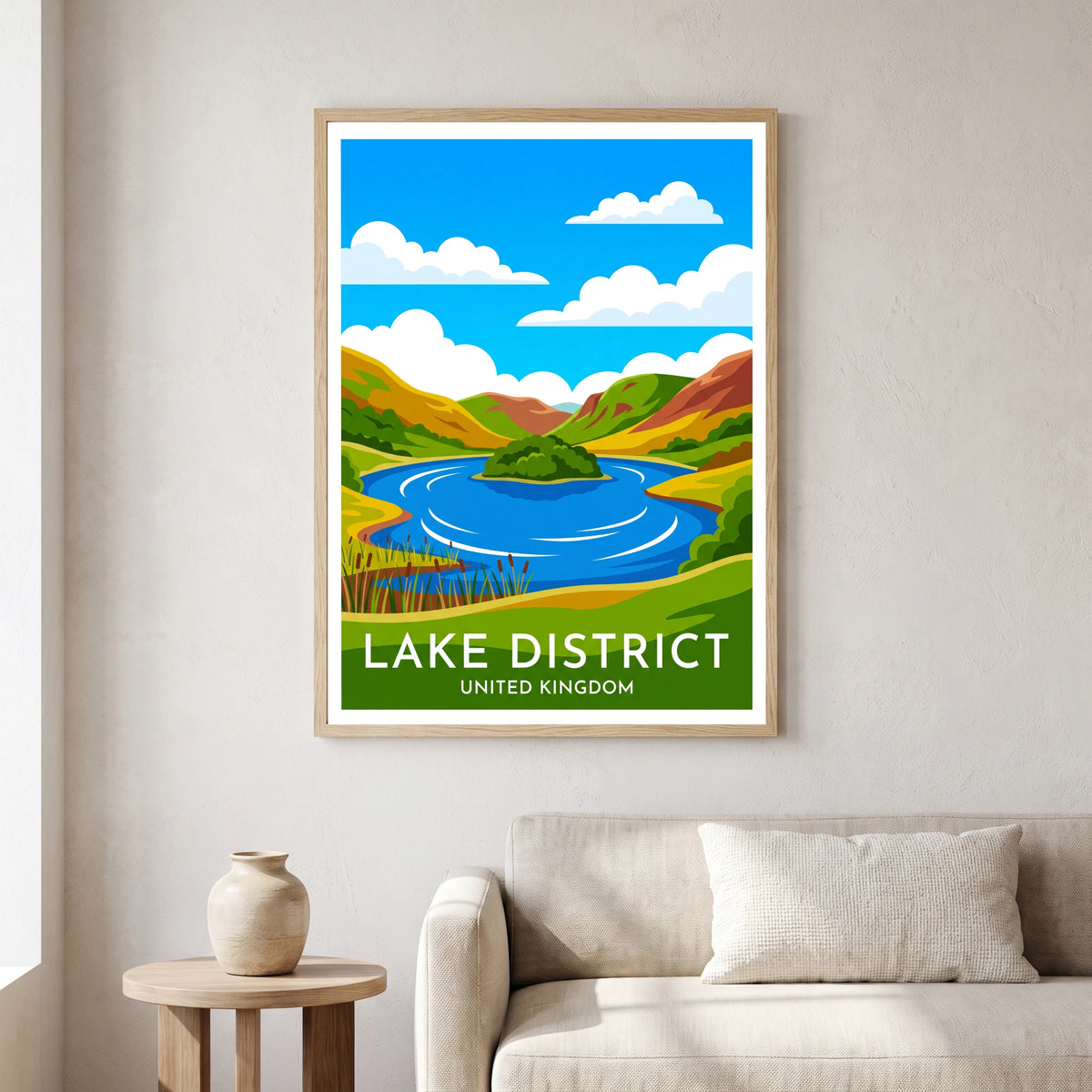 Grasmere travel poster in a natural frame, hanging in a living