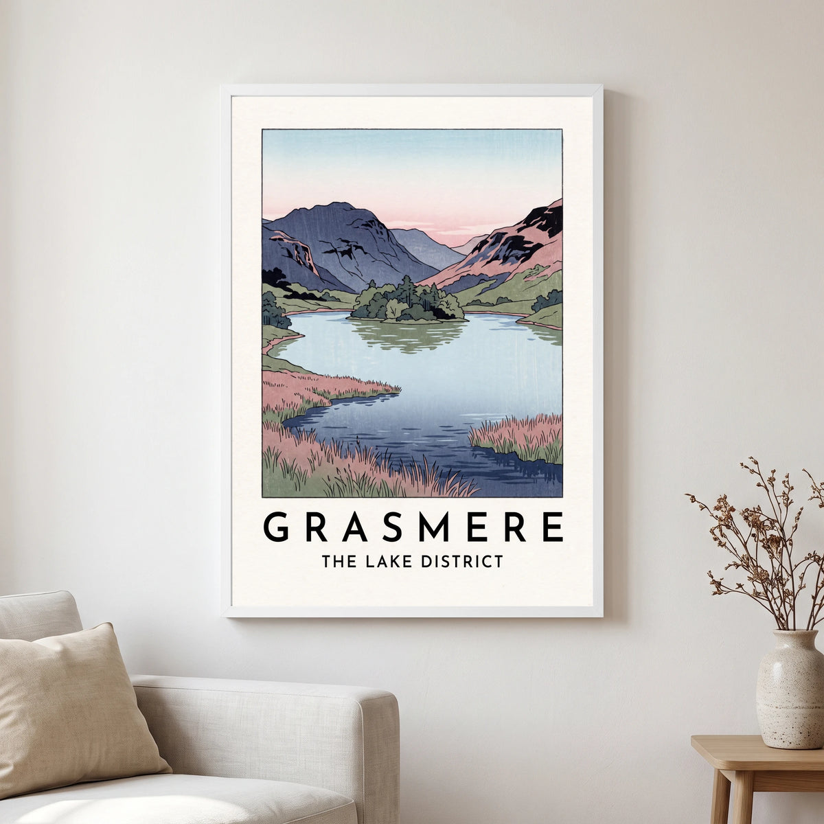 Grasmere travel poster in a white frame, hanging in a living2