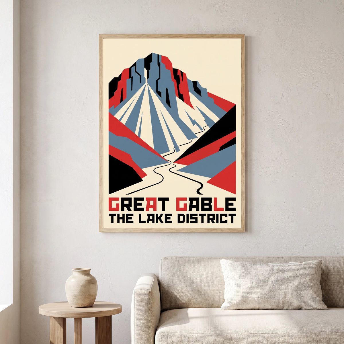 Great Gable travel poster in a natural frame, hanging in a living
