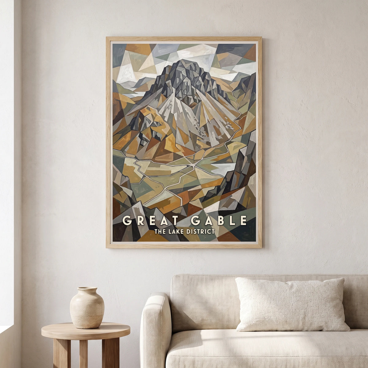 Great Gable travel poster in a natural frame, hanging in a living