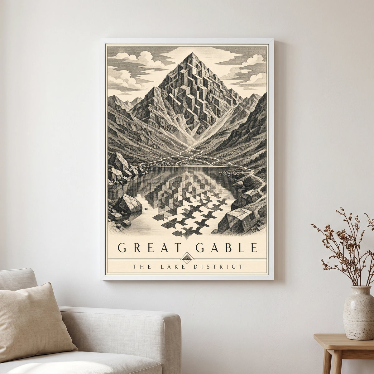 Great Gable travel poster in a white frame, hanging in a living2