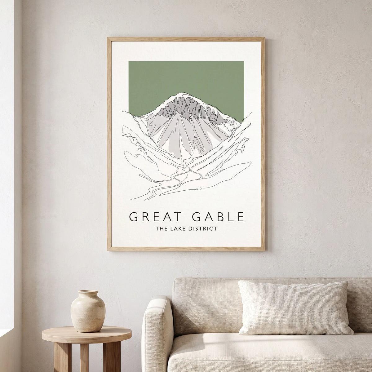 Great Gable travel poster in a natural frame, hanging in a living