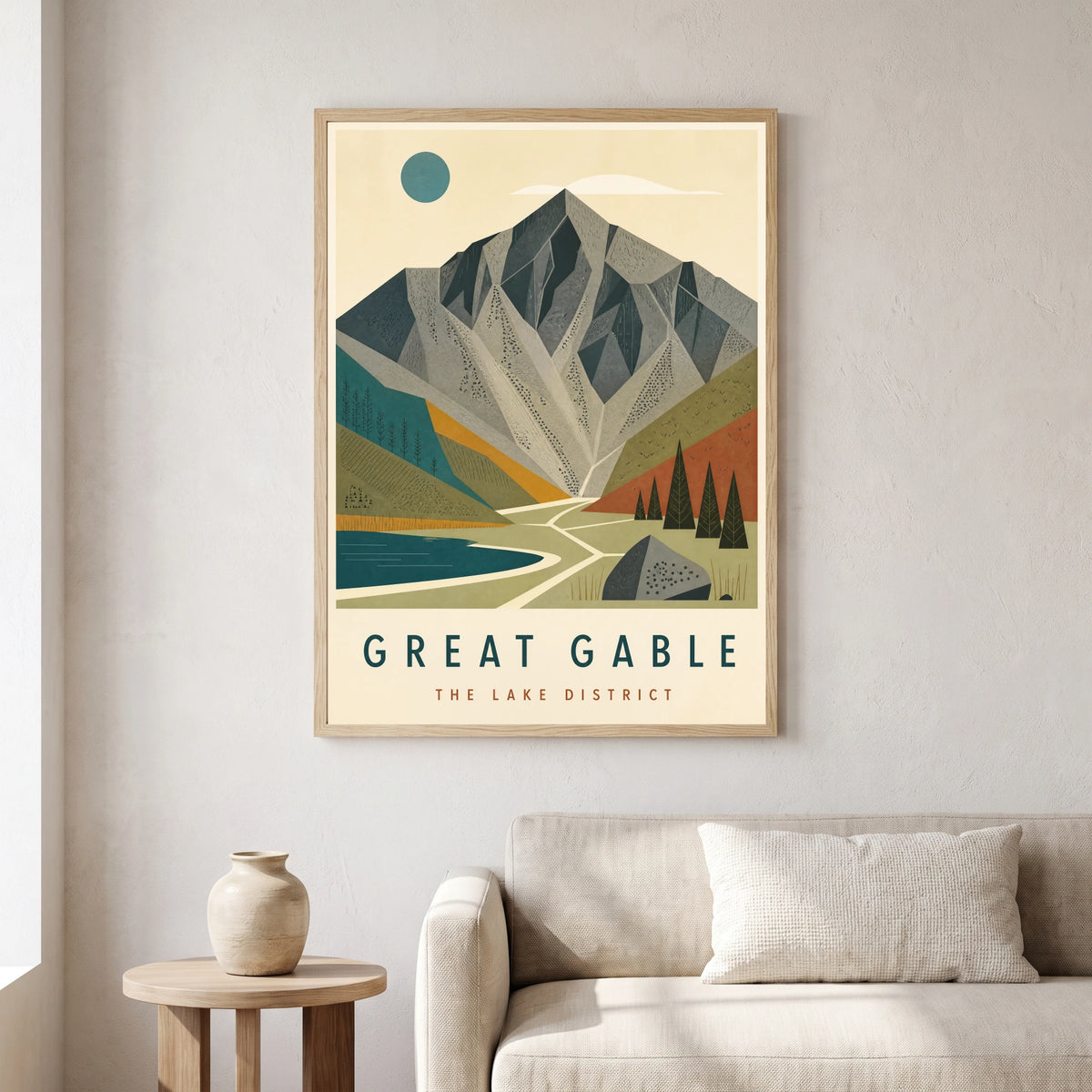 Great Gable travel poster in a natural frame, hanging in a living