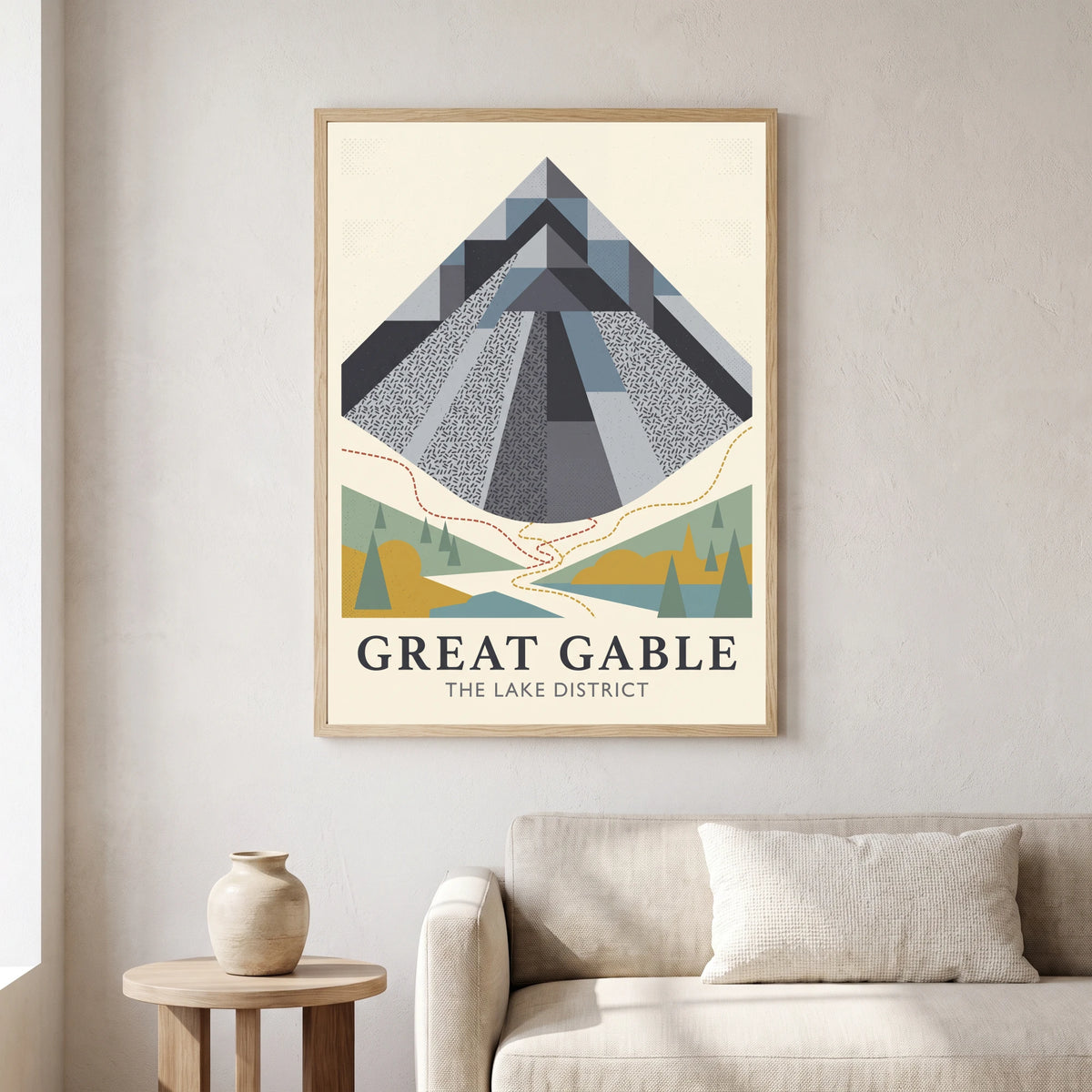 Great Gable travel poster in a natural frame, hanging in a living
