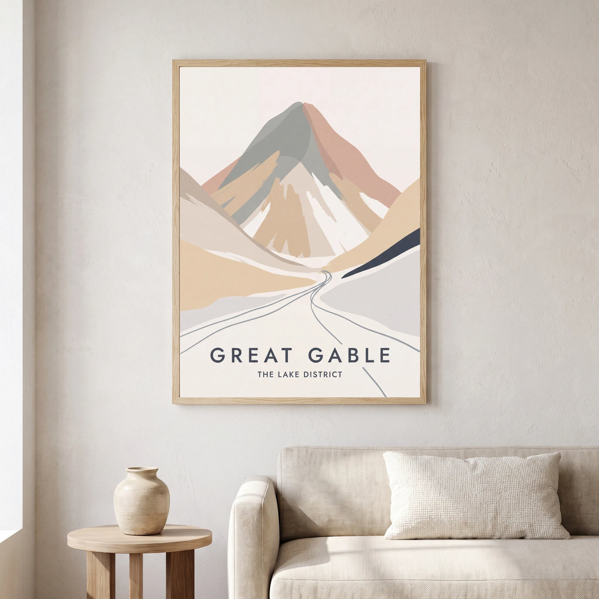Great Gable travel poster in a natural frame, hanging in a living