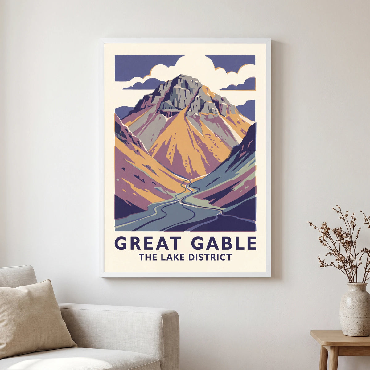 Great Gable travel poster in a white frame, hanging in a living2