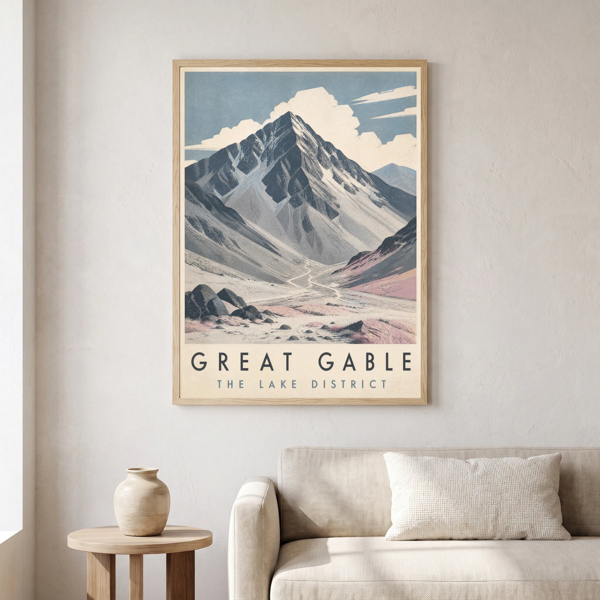 Great Gable travel poster in a natural frame, hanging in a living