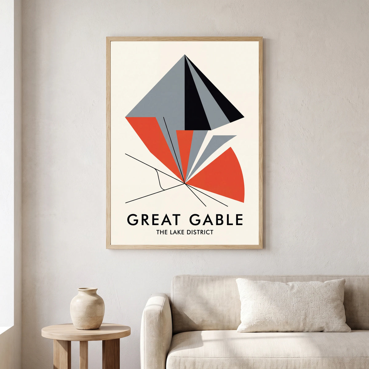 Great Gable travel poster in a natural frame, hanging in a living