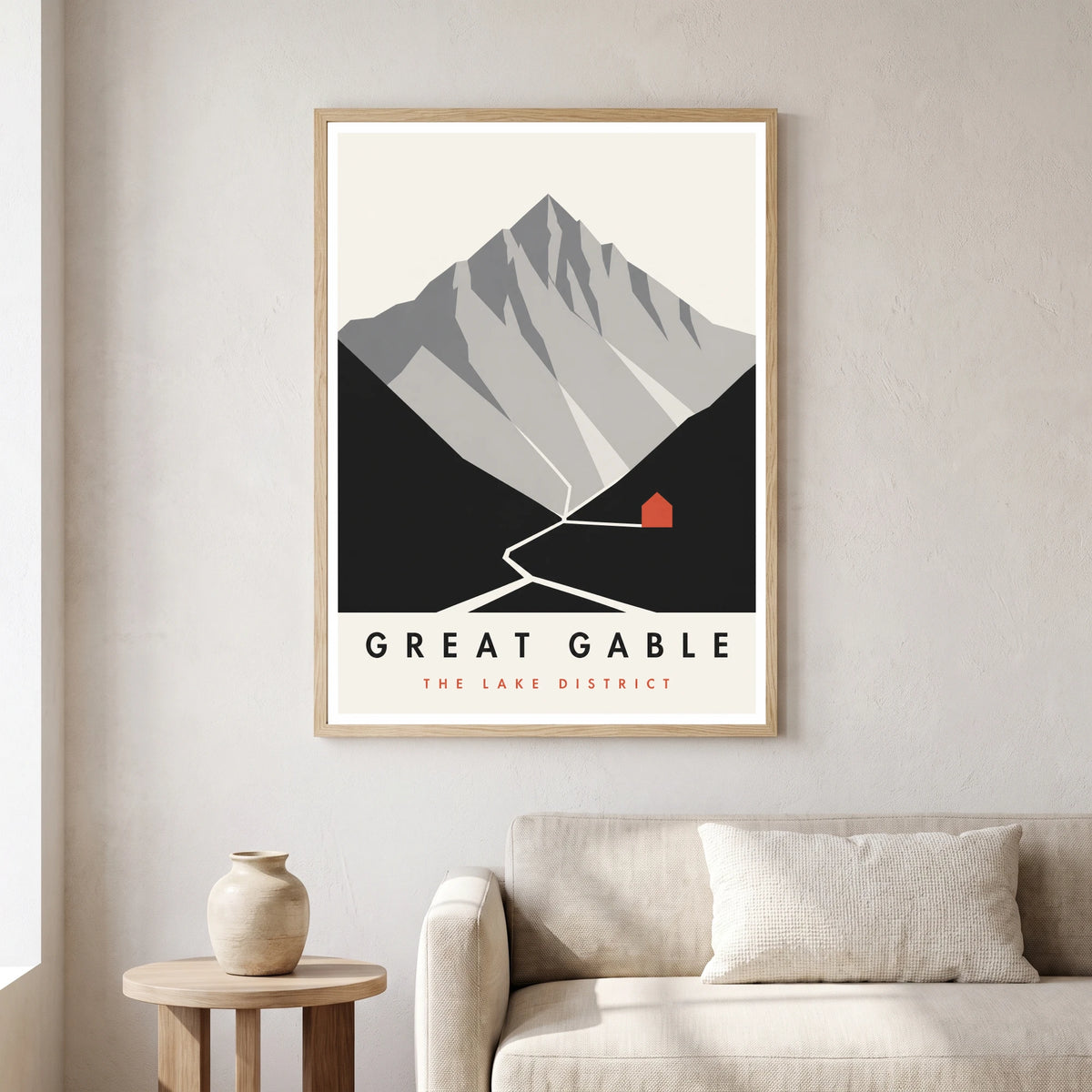 Great Gable travel poster in a natural frame, hanging in a living