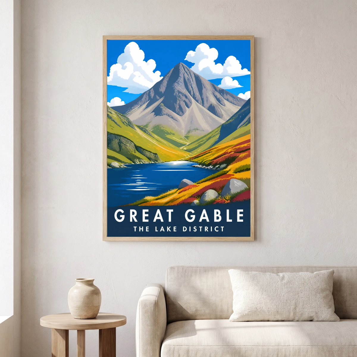 Great Gable travel poster in a natural frame, hanging in a living