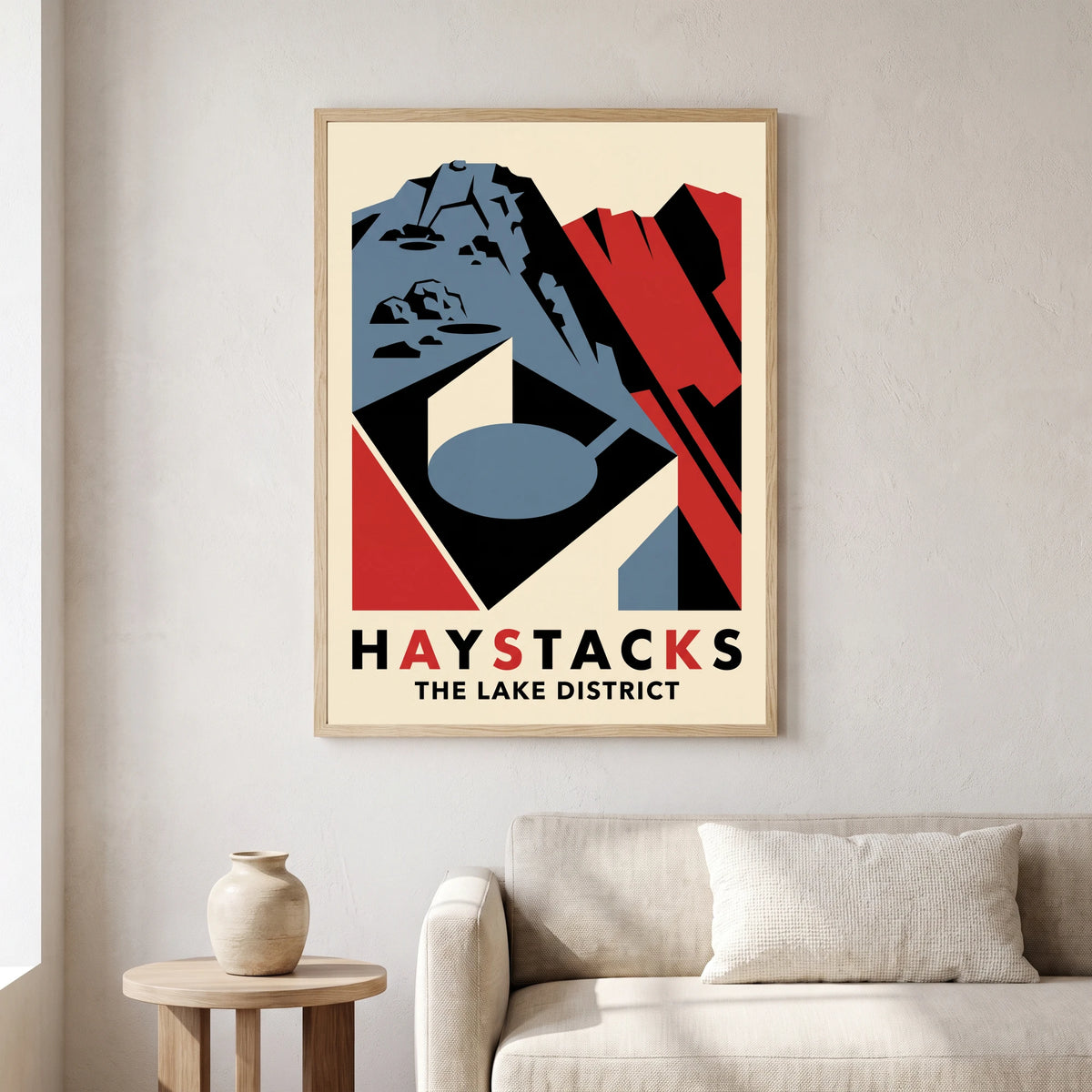 Haystacks travel poster in a natural frame, hanging in a living