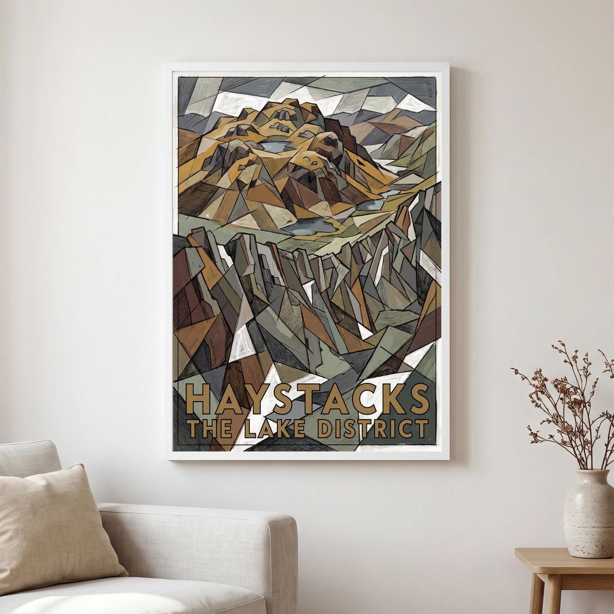 Haystacks travel poster in a white frame, hanging in a living2