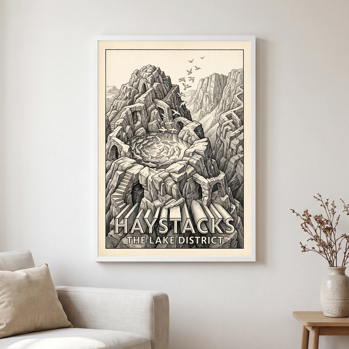 Haystacks travel poster in a white frame, hanging in a living2