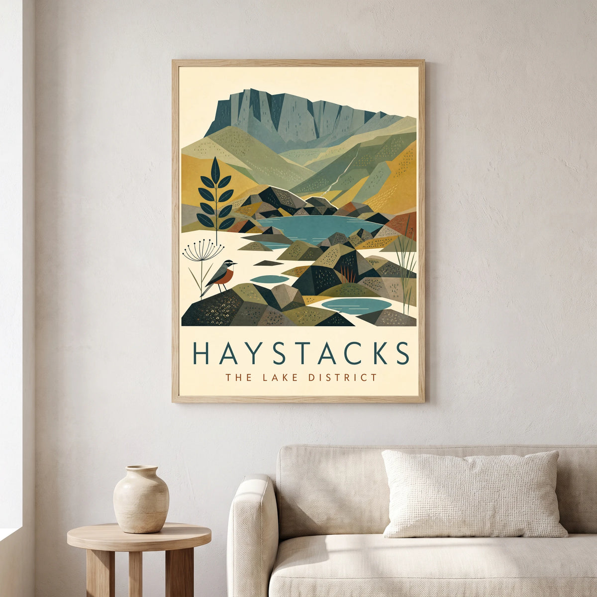 Haystacks travel poster in a natural frame, hanging in a living