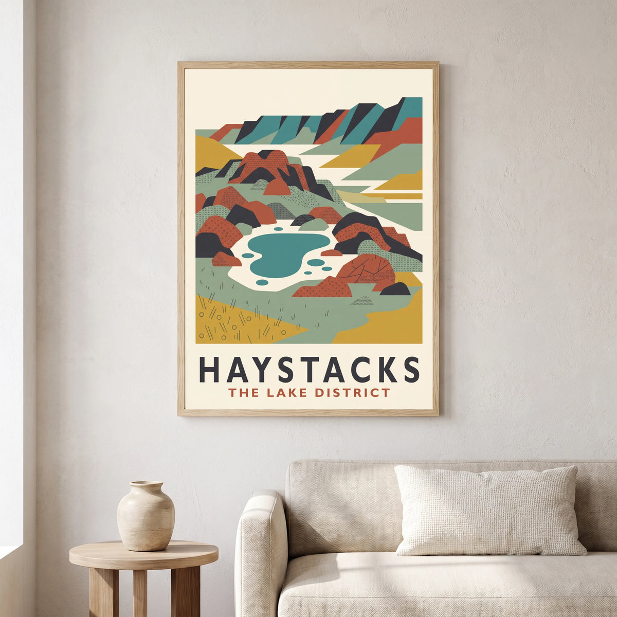 Haystacks travel poster in a natural frame, hanging in a living