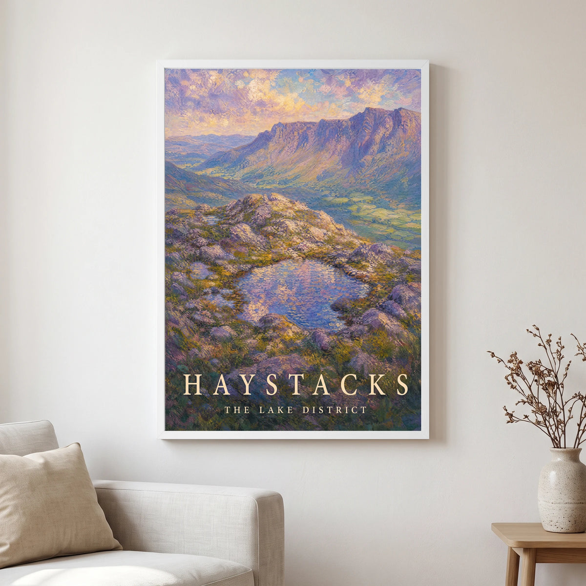 Haystacks travel poster in a white frame, hanging in a living2