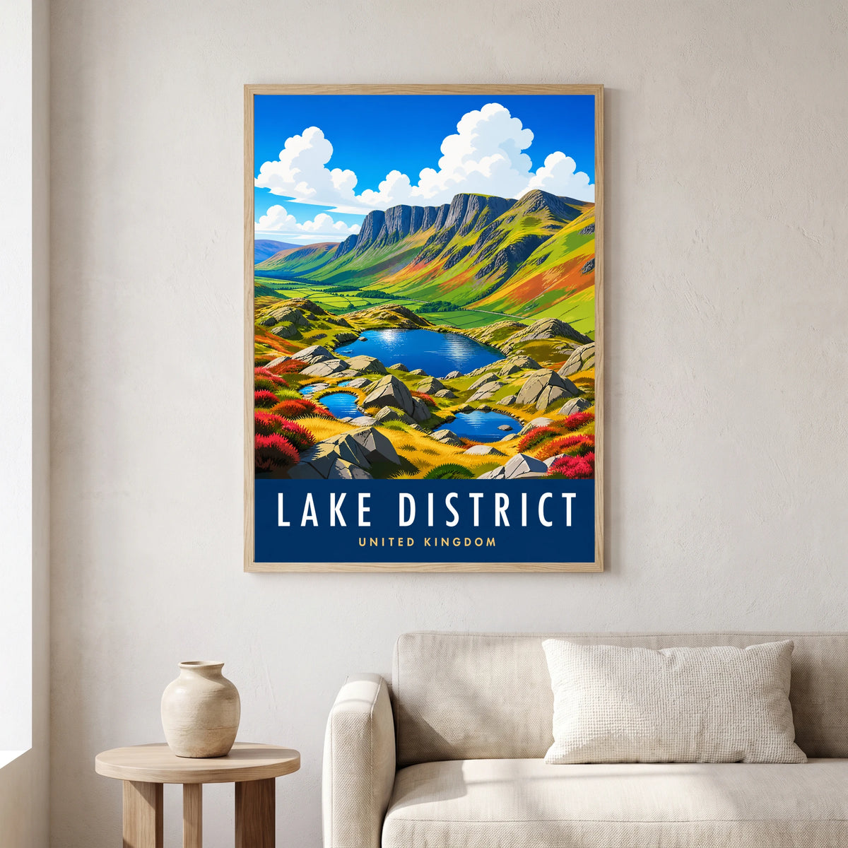 Haystacks travel poster in a natural frame, hanging in a living
