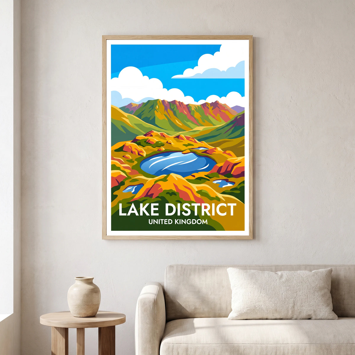Haystacks travel poster in a natural frame, hanging in a living