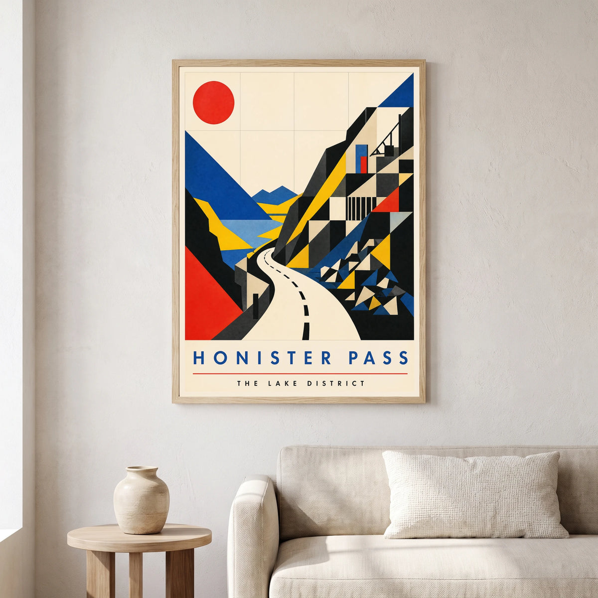 Honister Pass travel poster in a natural frame, hanging in a living