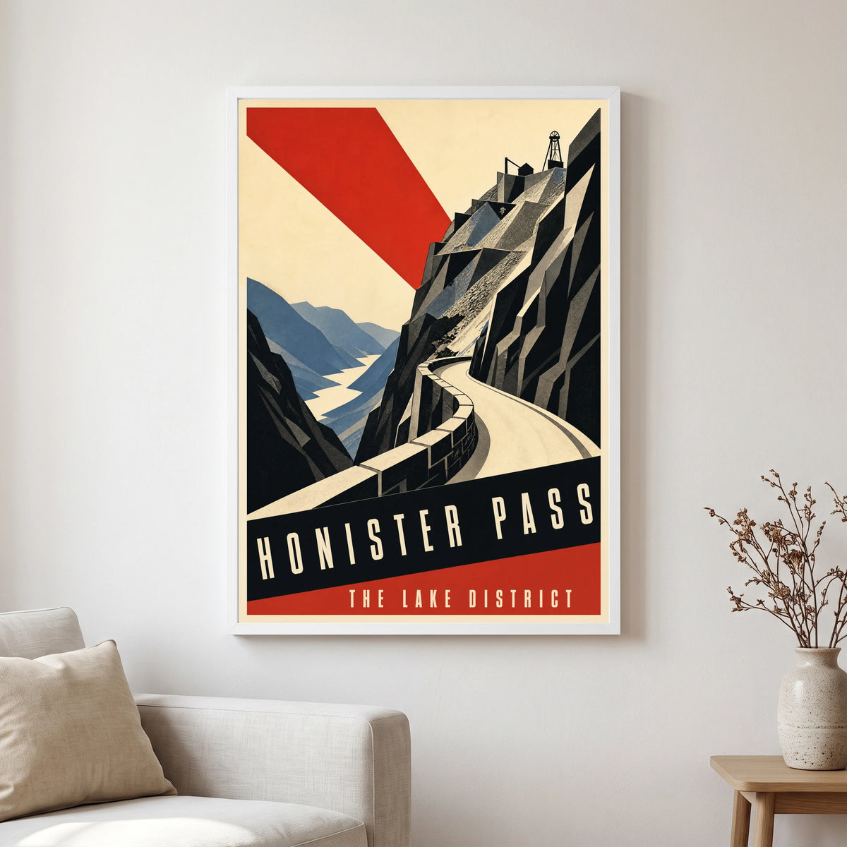 Honister Pass travel poster in a white frame, hanging in a living2