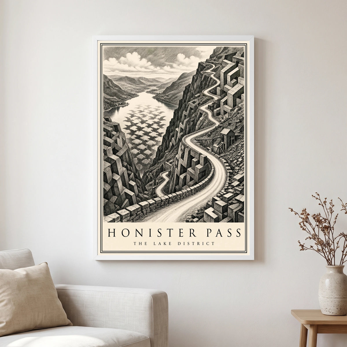Honister Pass travel poster in a white frame, hanging in a living2