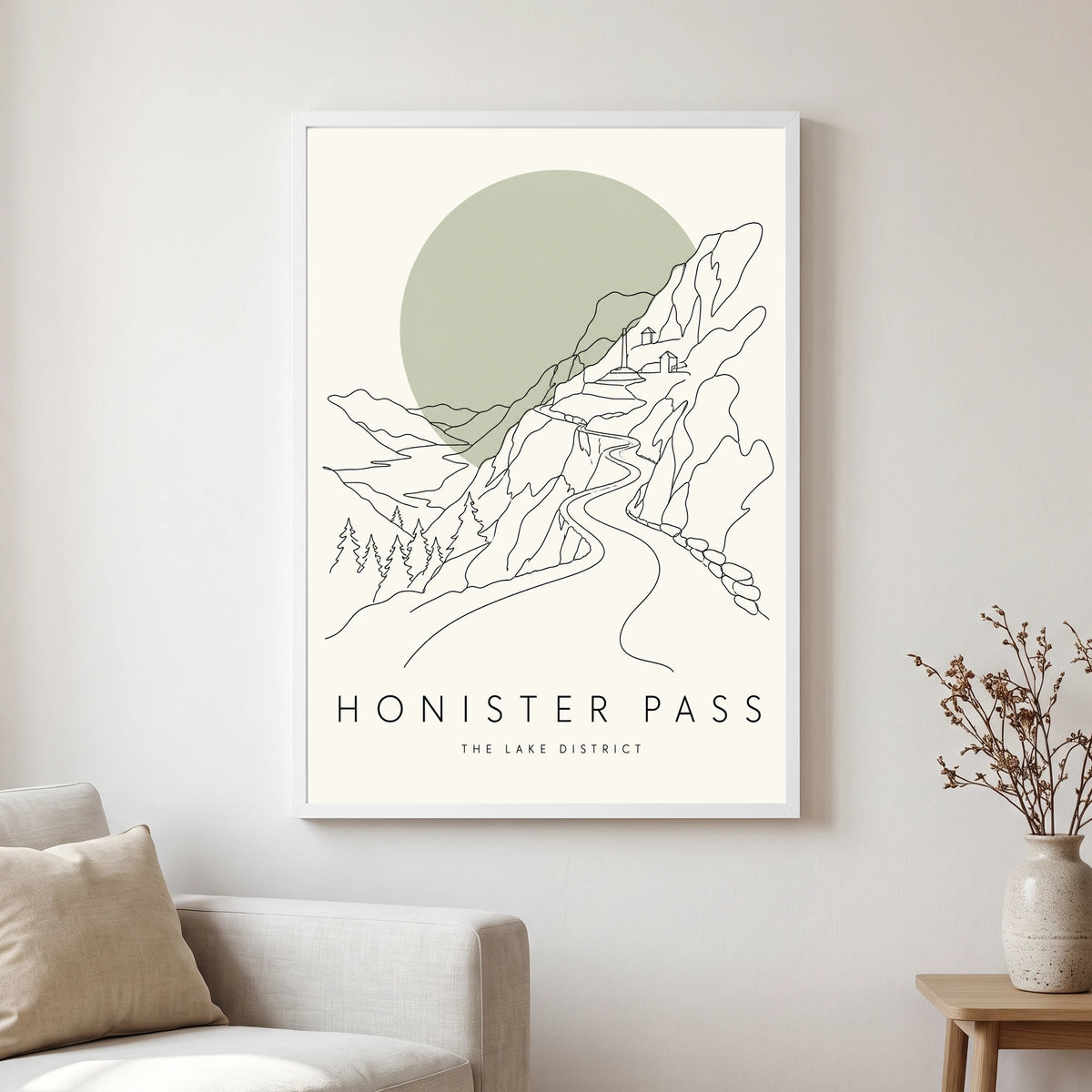 Honister Pass travel poster in a white frame, hanging in a living2