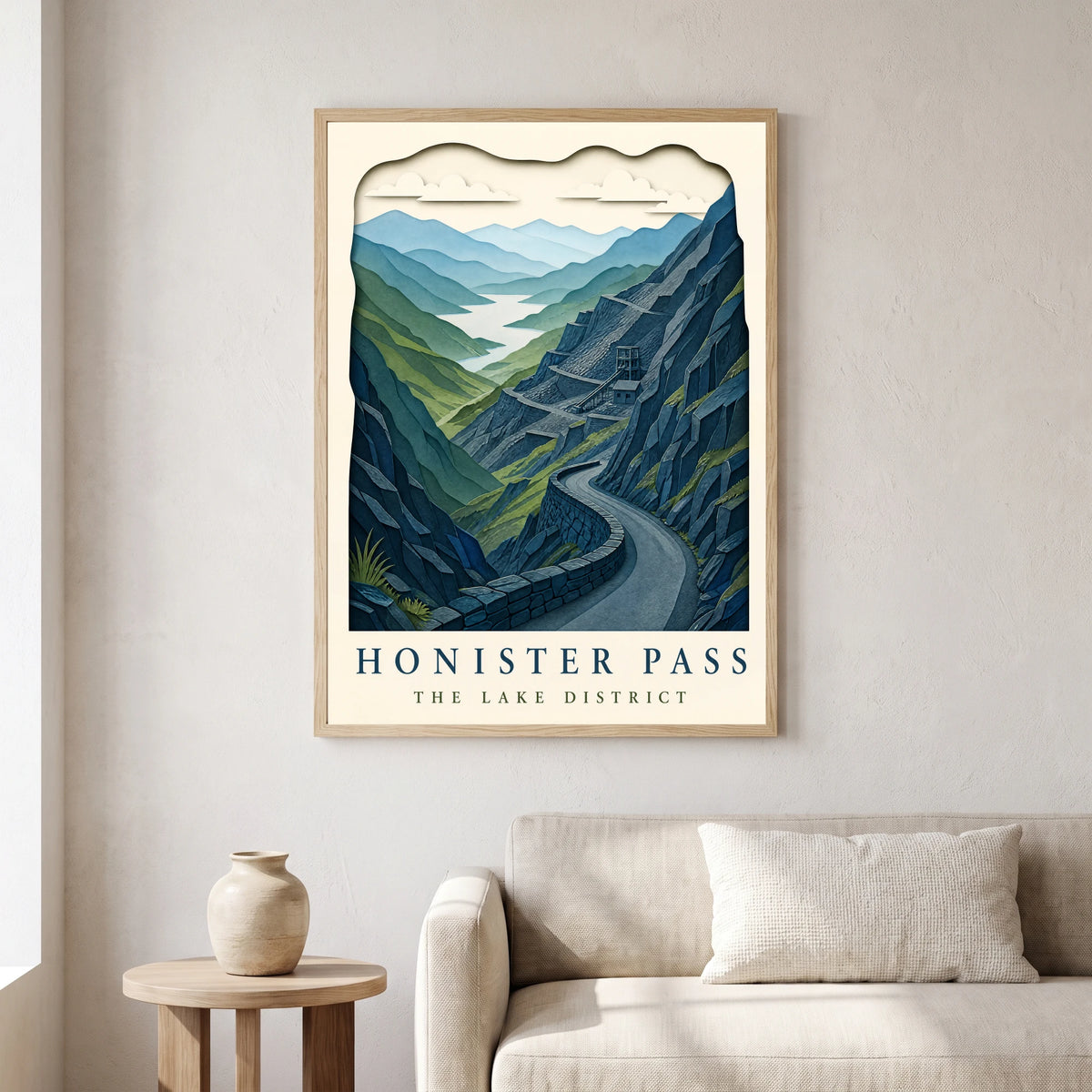 Honister Pass travel poster in a natural frame, hanging in a living