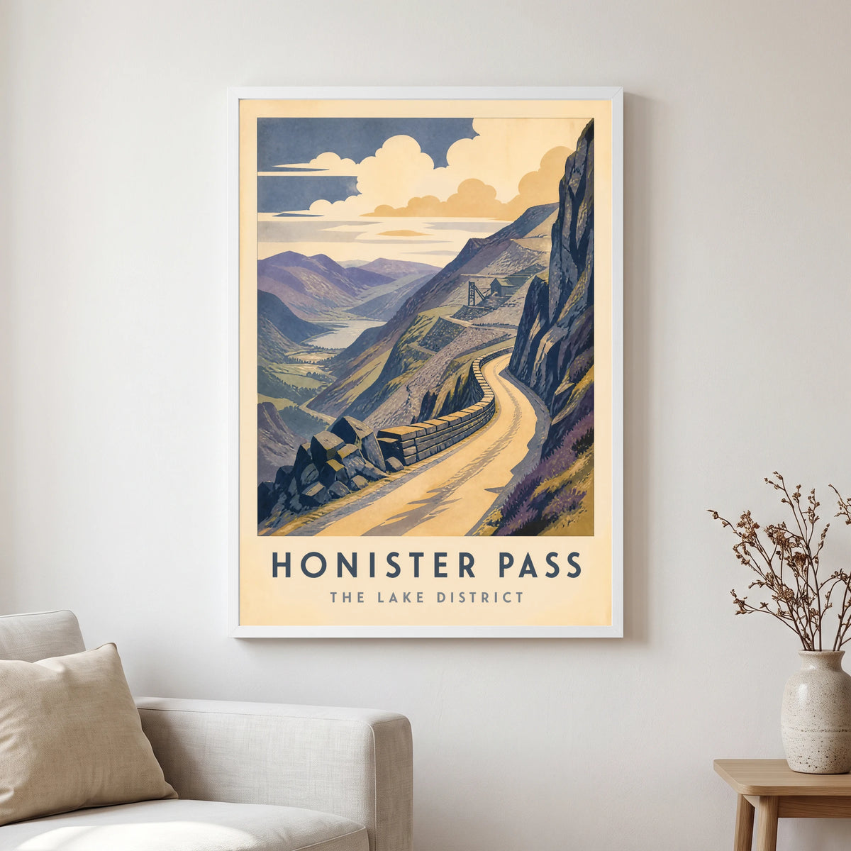 Honister Pass travel poster in a white frame, hanging in a living2