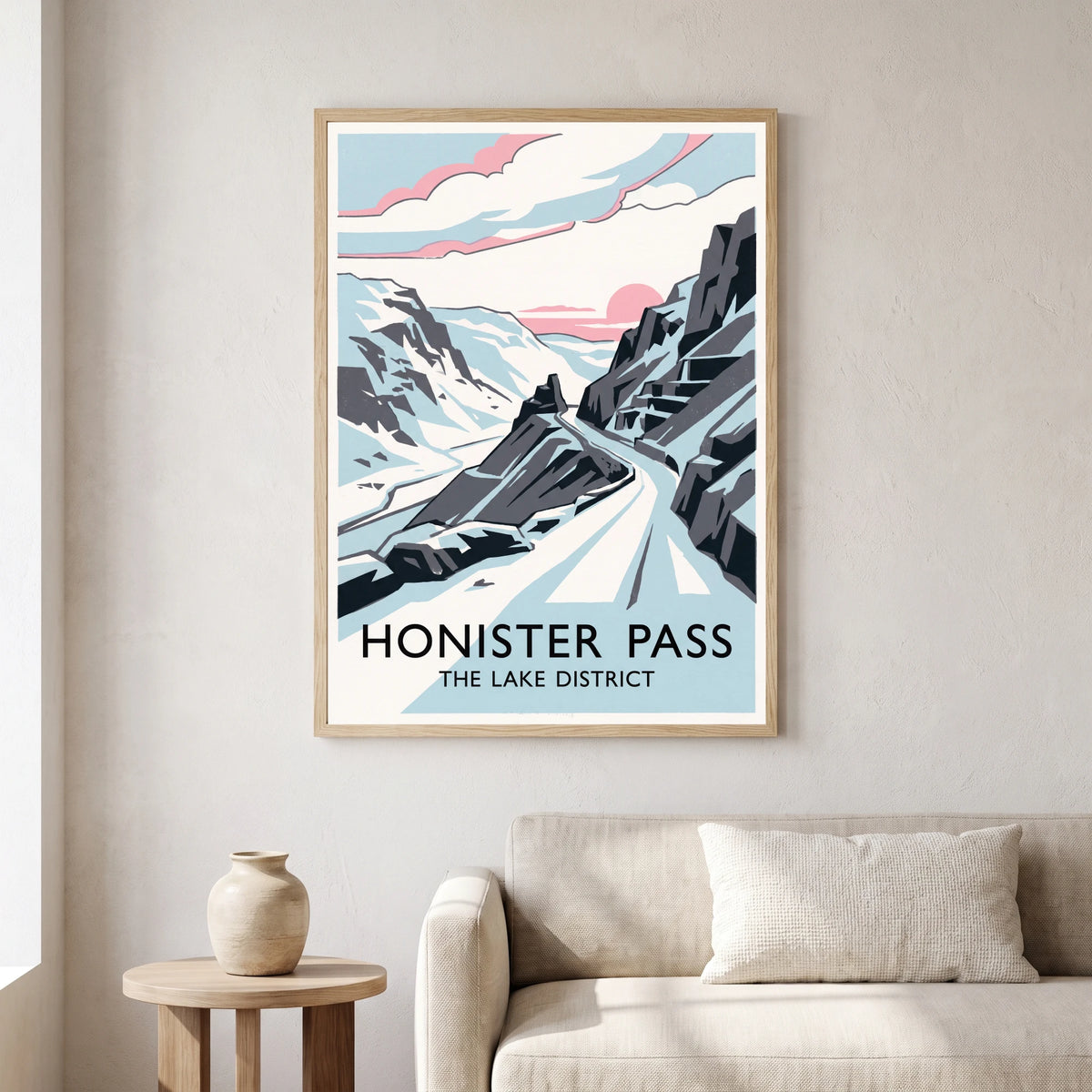 Honister Pass travel poster in a natural frame, hanging in a living