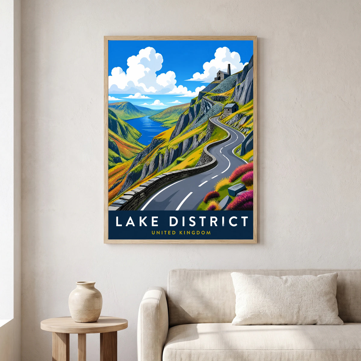 Honister Pass travel poster in a natural frame, hanging in a living