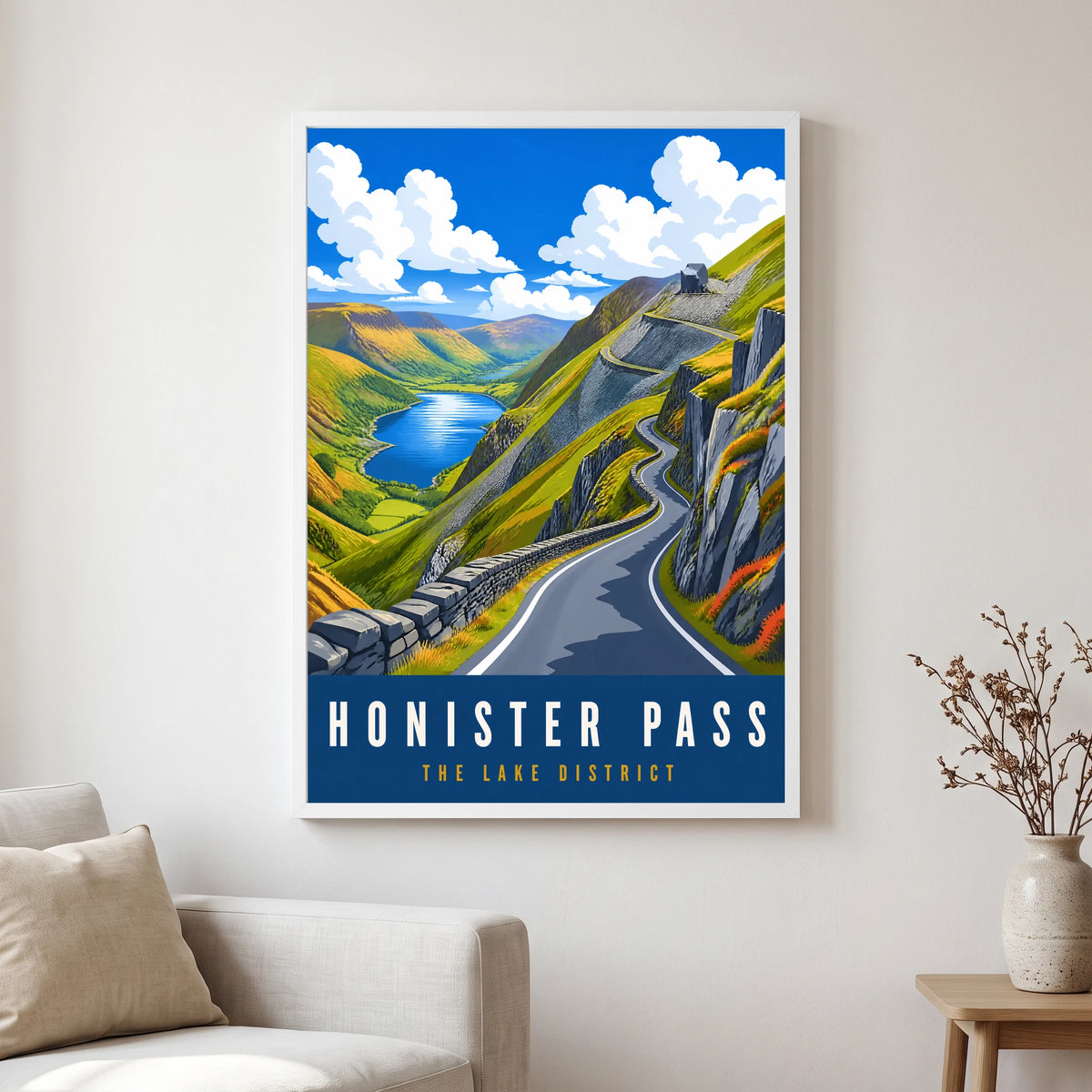 Honister Pass travel poster in a white frame, hanging in a living2