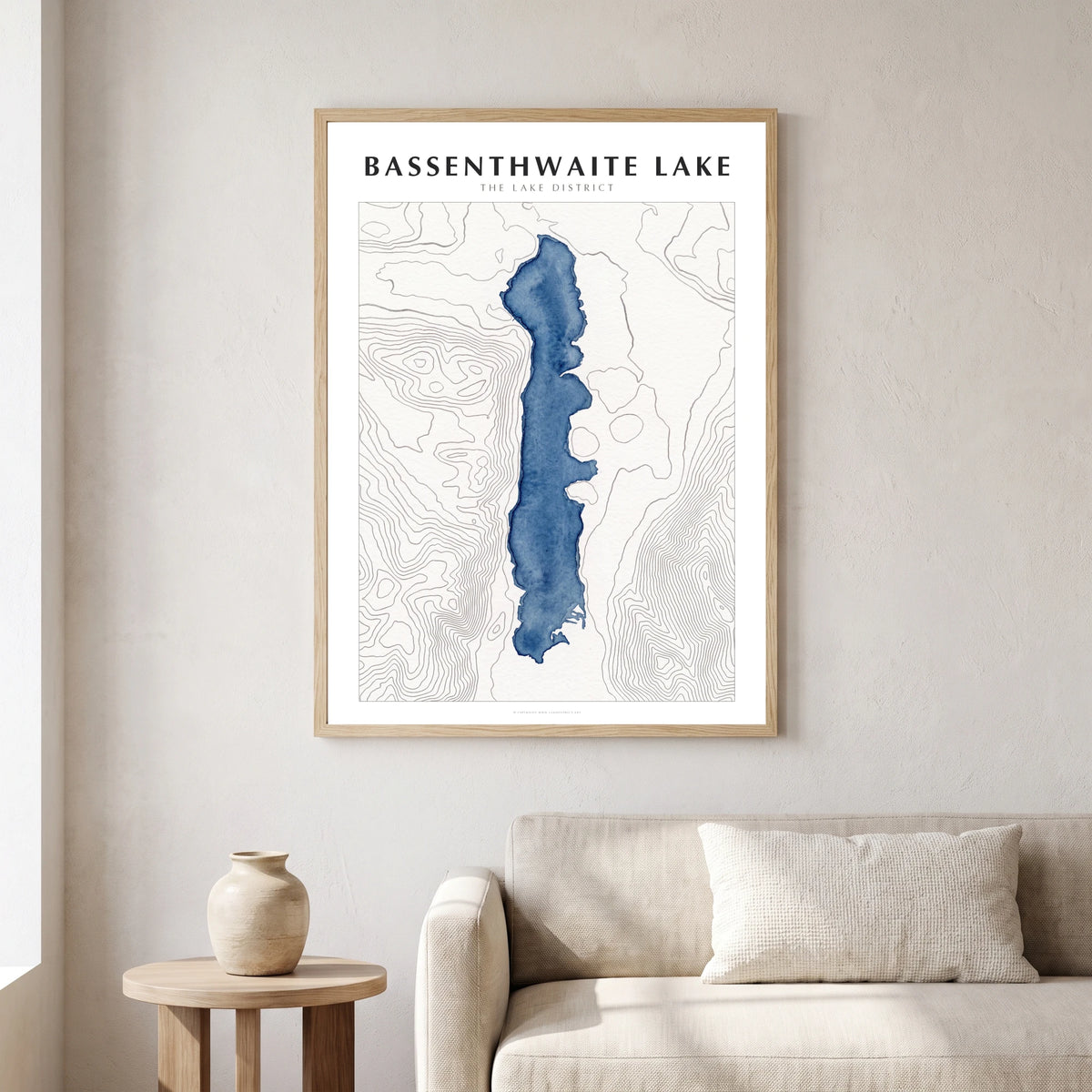Bassenthwaite Lake lake map poster in a natural frame, hanging in a living