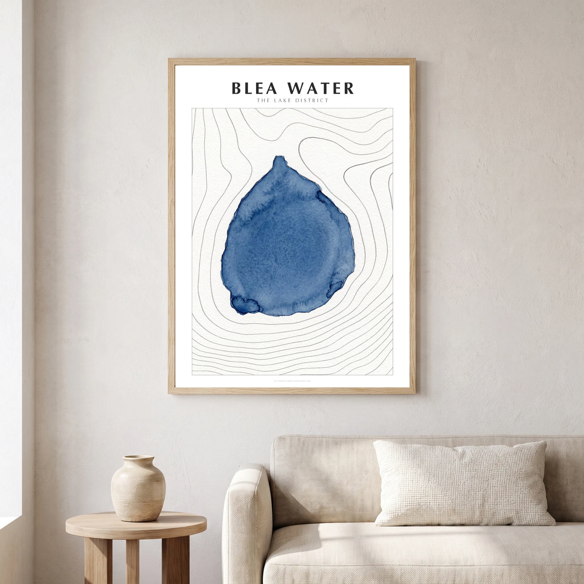 Blea Water lake map poster in a natural frame, hanging in a living