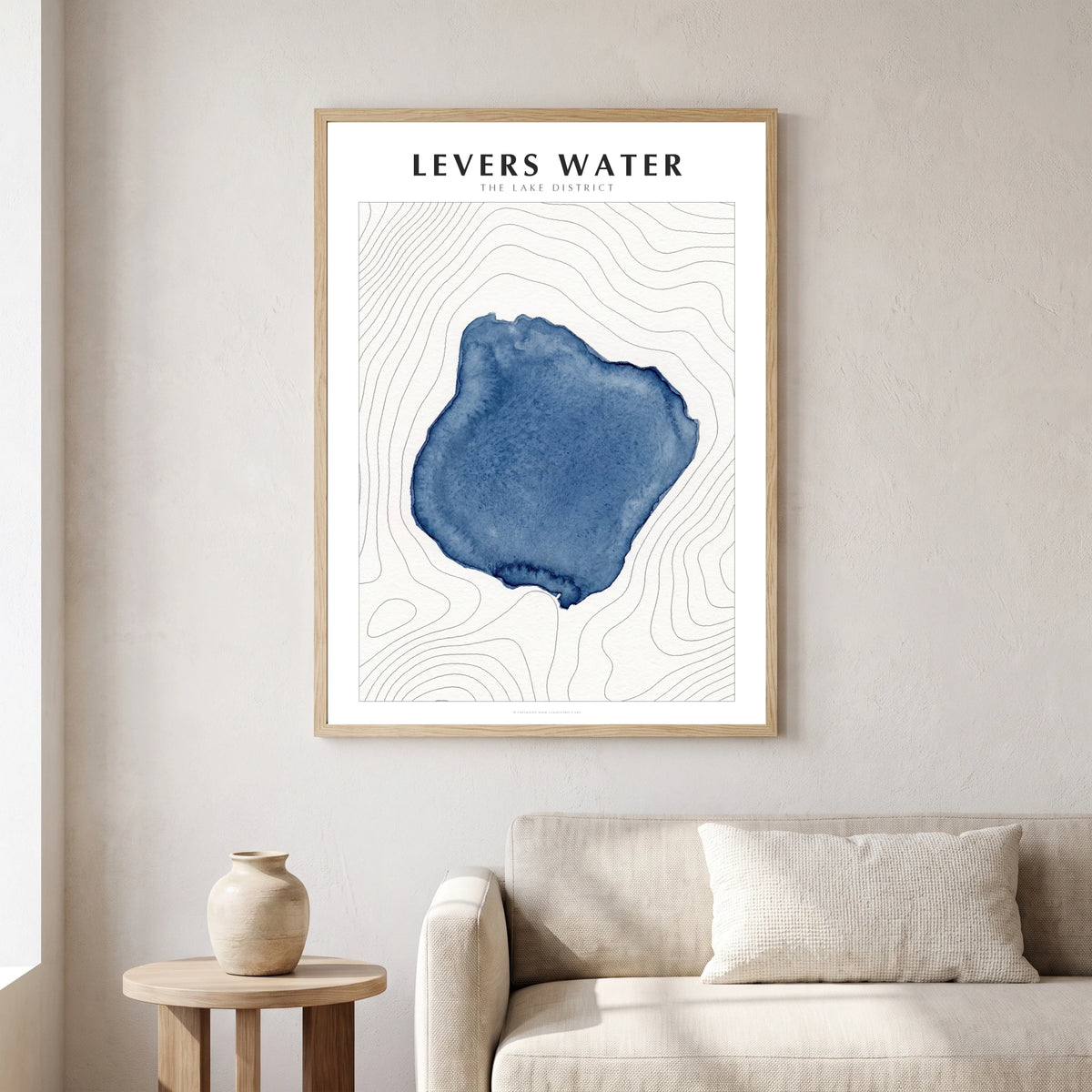 Levers Water lake map poster in a natural frame, hanging in a living