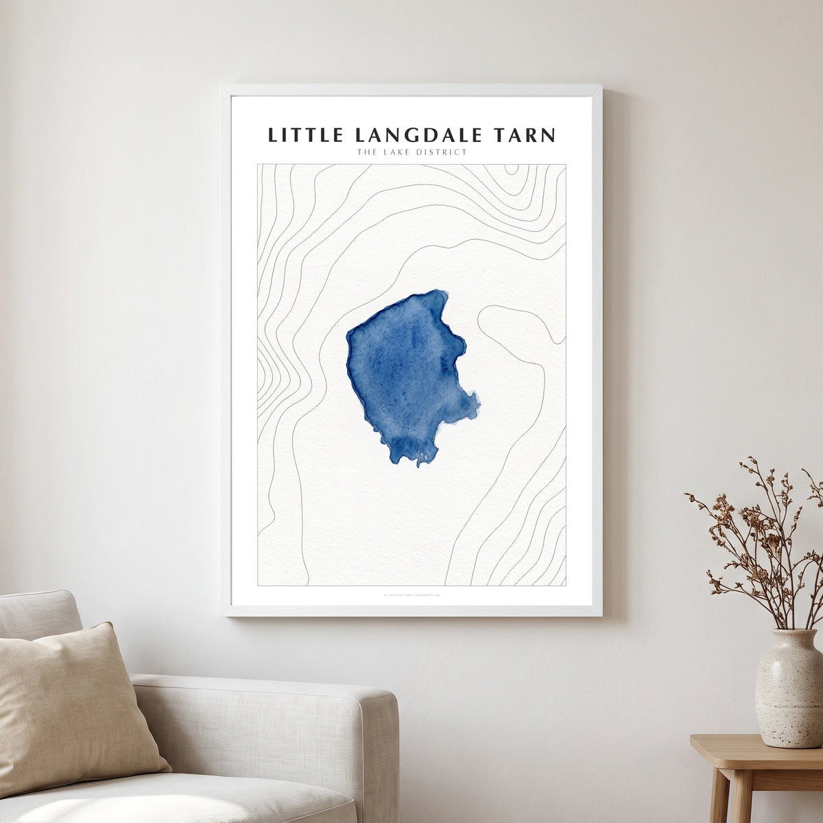 Little Langdale Tarn lake map poster in a white frame, hanging in a living