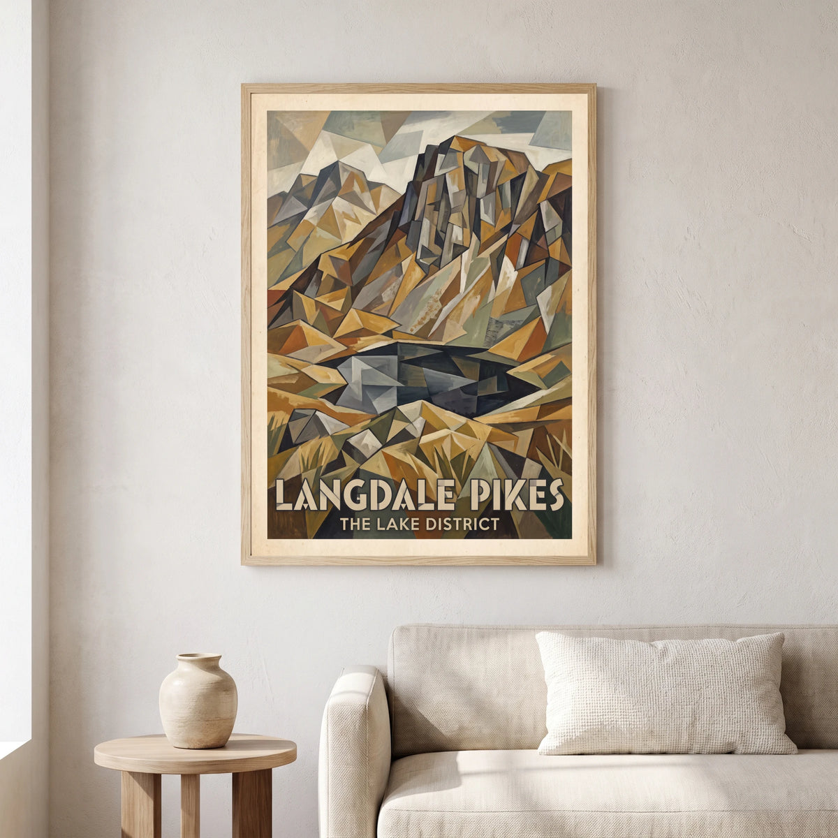 Langdale Pikes travel poster in a natural frame, hanging in a living