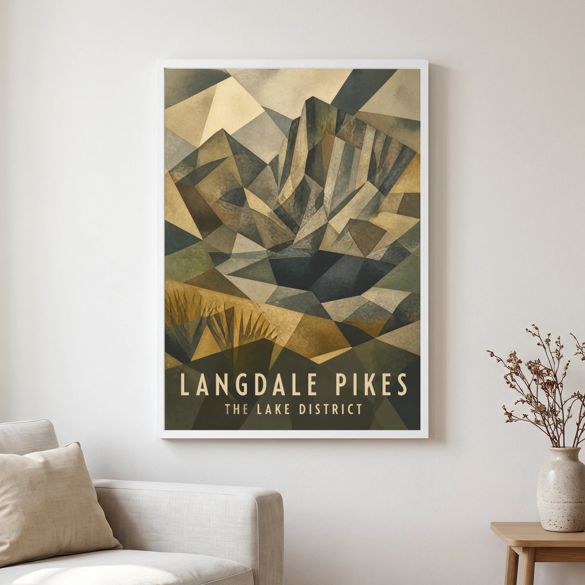 Langdale Pikes travel poster in a white frame, hanging in a living2