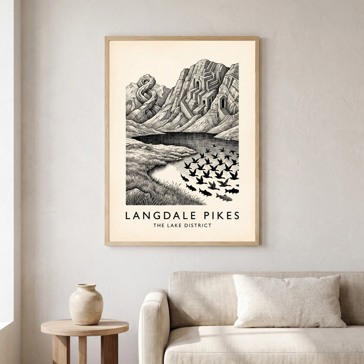Langdale Pikes travel poster in a natural frame, hanging in a living