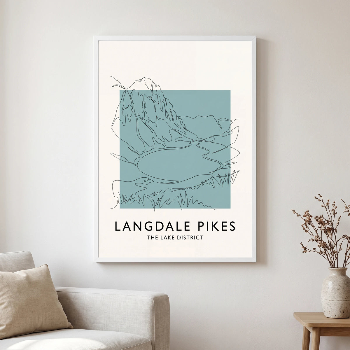 Langdale Pikes travel poster in a white frame, hanging in a living2
