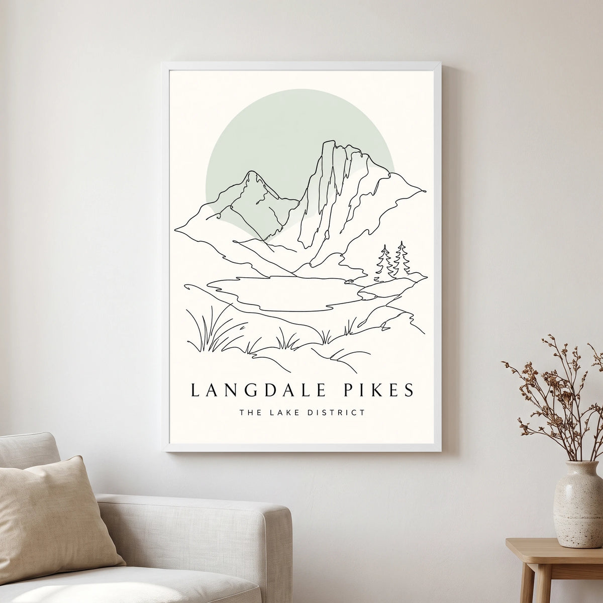 Langdale Pikes travel poster in a white frame, hanging in a living2