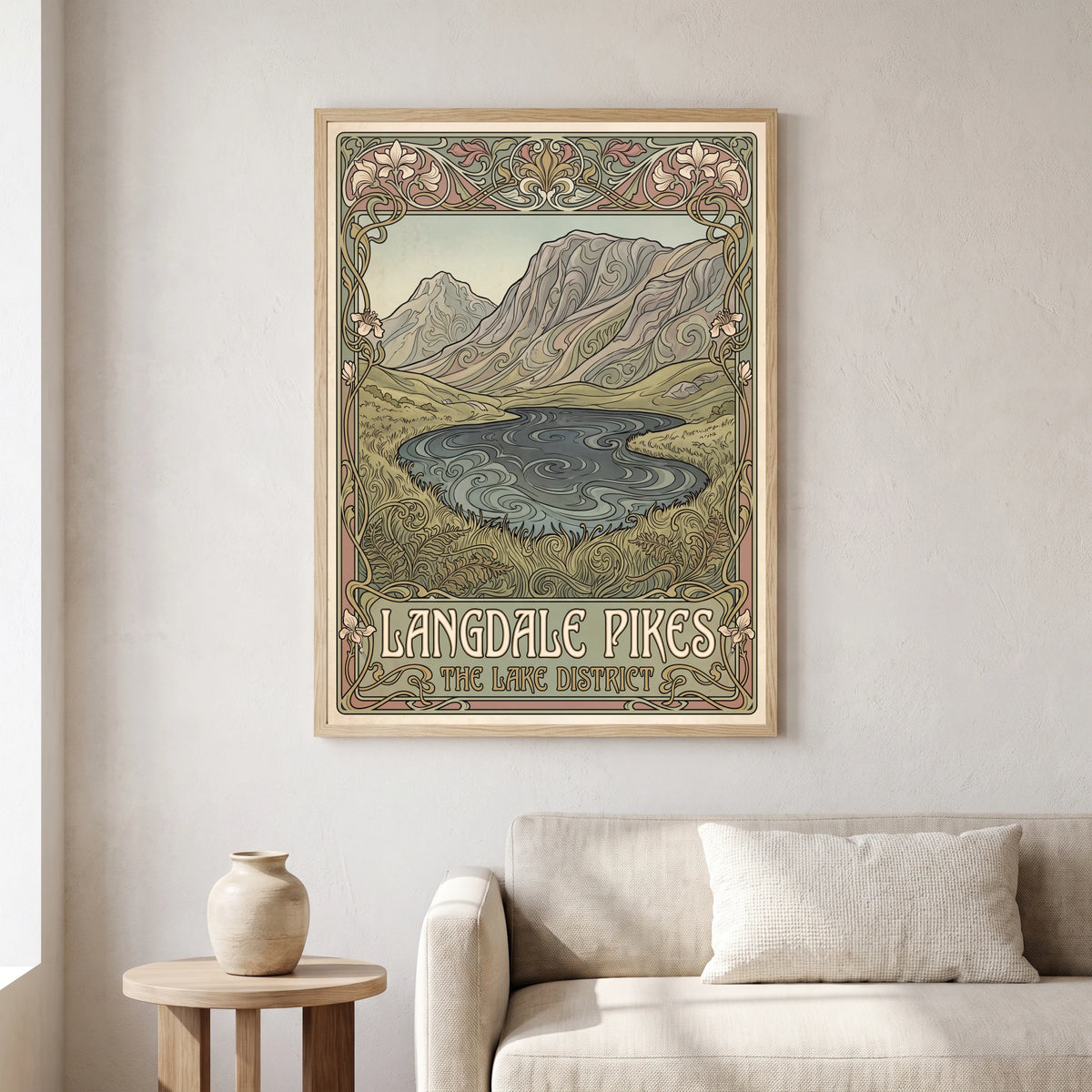 Langdale Pikes travel poster in a natural frame, hanging in a living