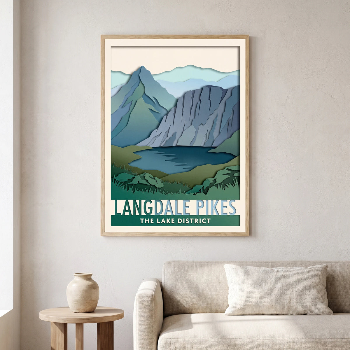 Langdale Pikes travel poster in a natural frame, hanging in a living