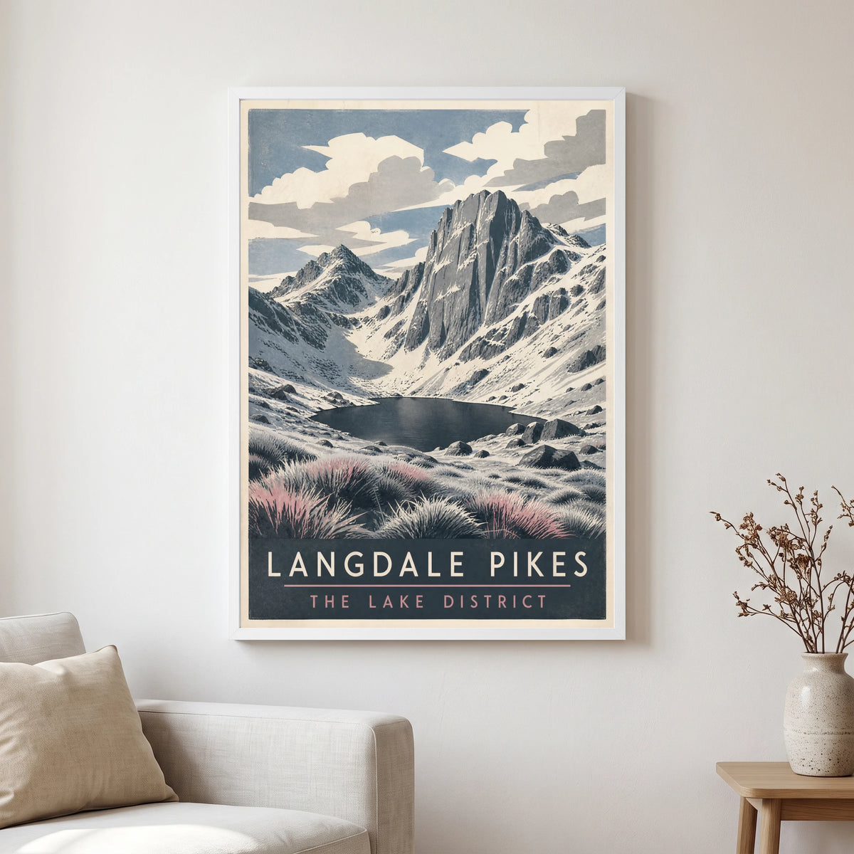 Langdale Pikes travel poster in a white frame, hanging in a living2