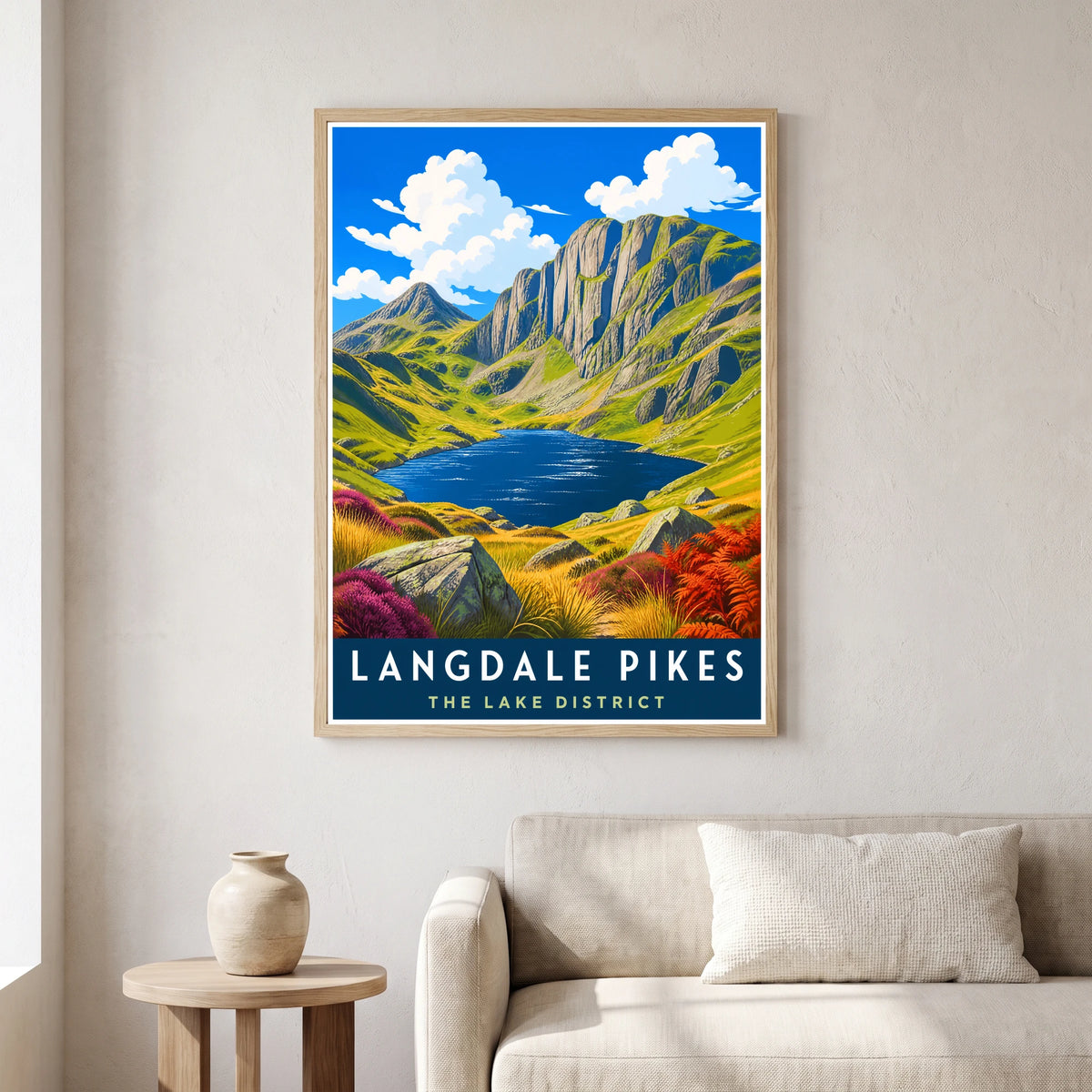 Langdale Pikes travel poster in a natural frame, hanging in a living