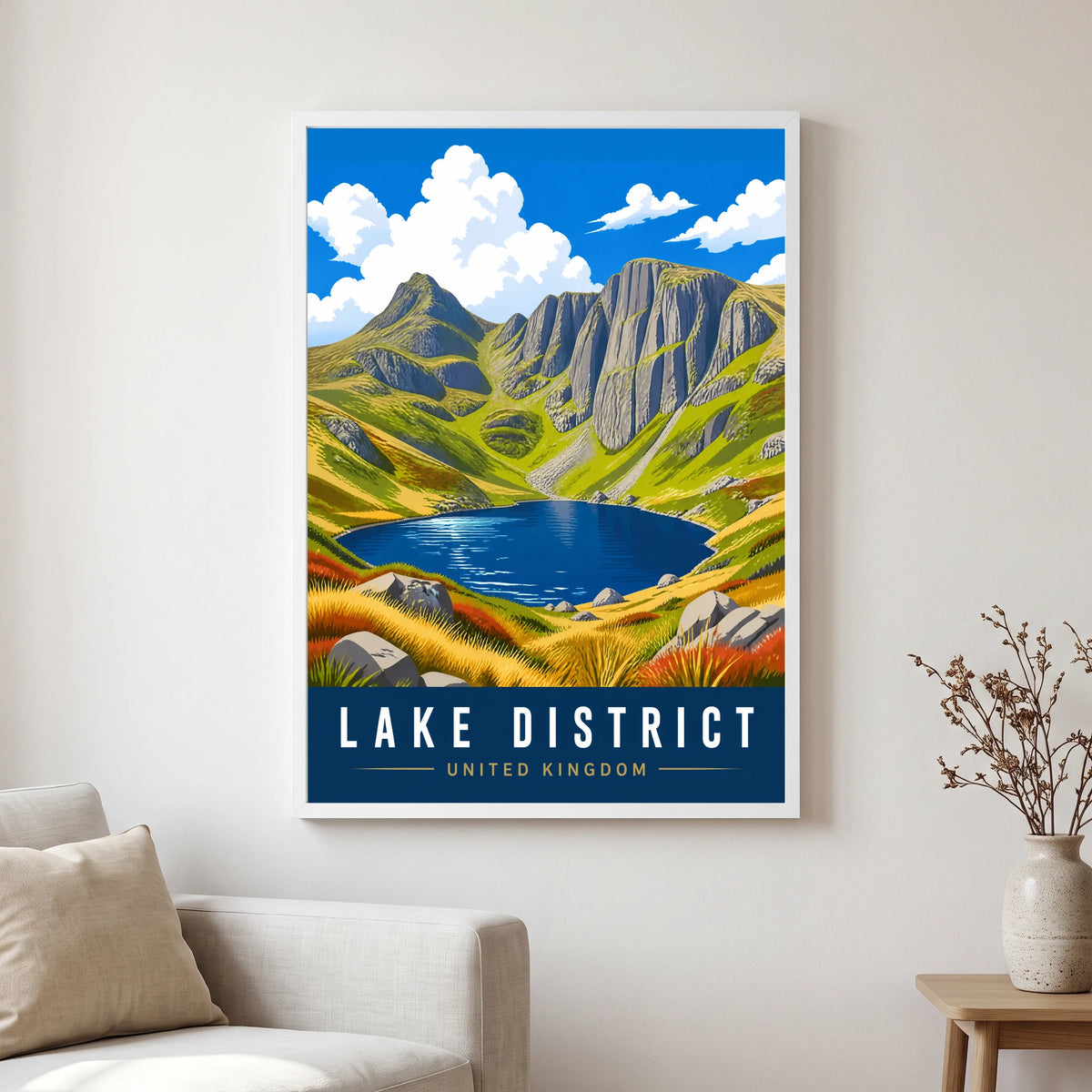 Langdale Pikes travel poster in a white frame, hanging in a living2