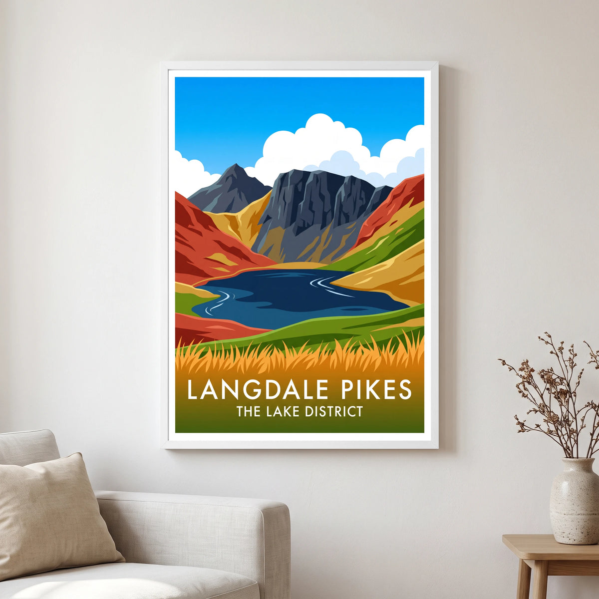 Langdale Pikes travel poster in a white frame, hanging in a living2