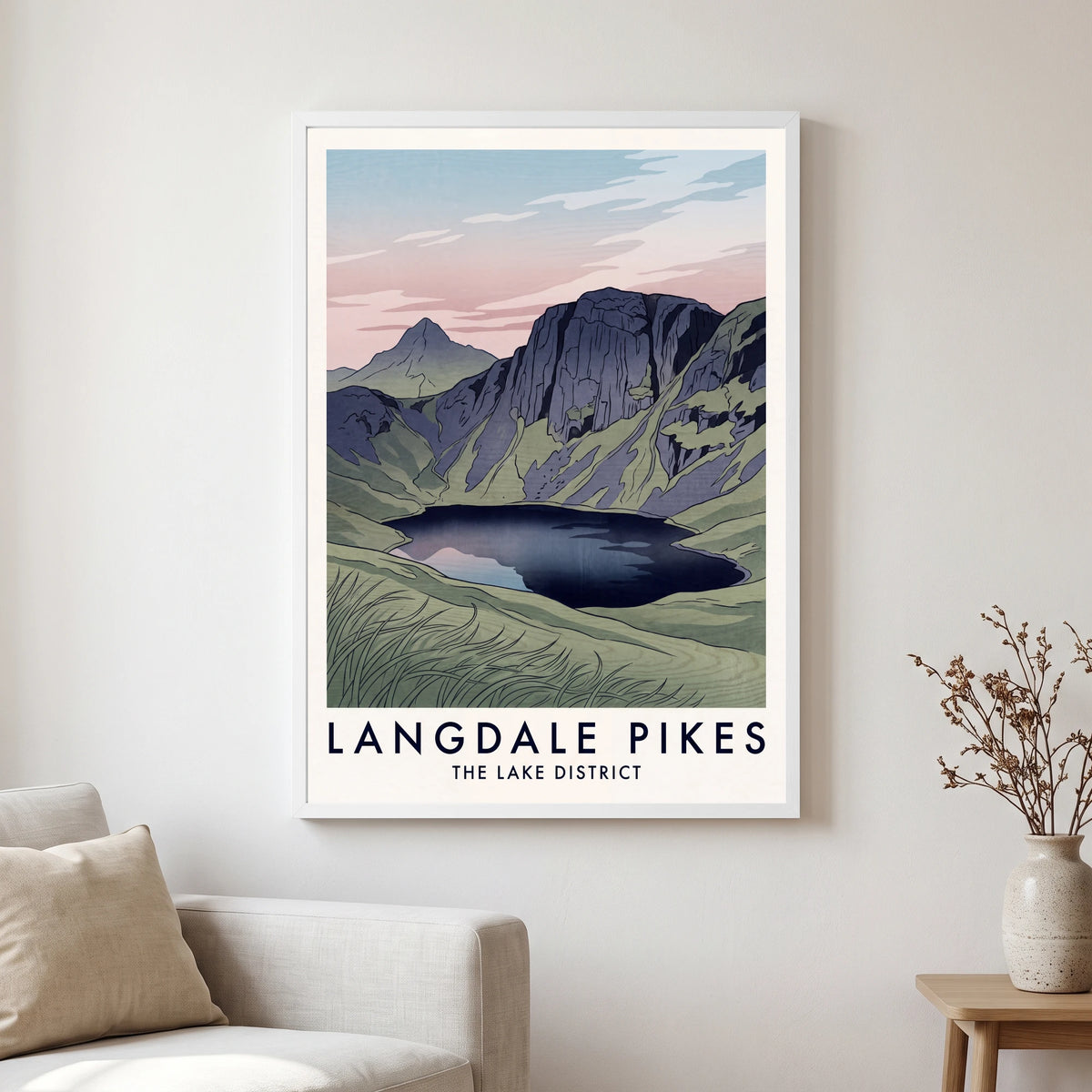 Langdale Pikes travel poster in a white frame, hanging in a living2