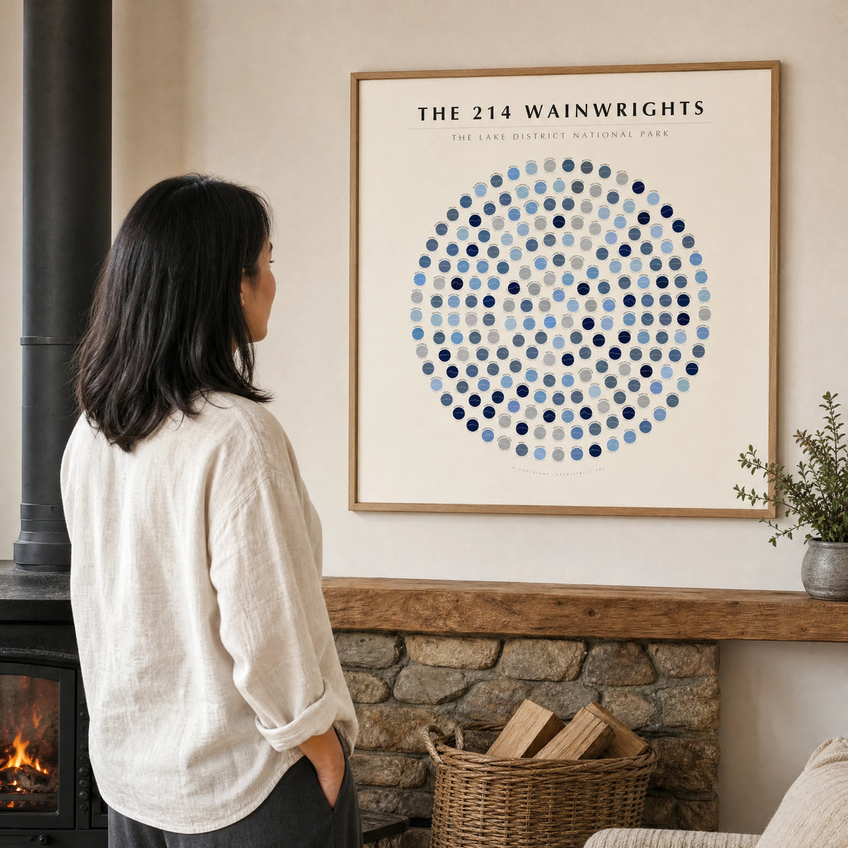 The 214 Wainwrights — Line Winter Ice Rosette Poster — Wainwright Poster · Natural · 60x60cm shown in a home interior