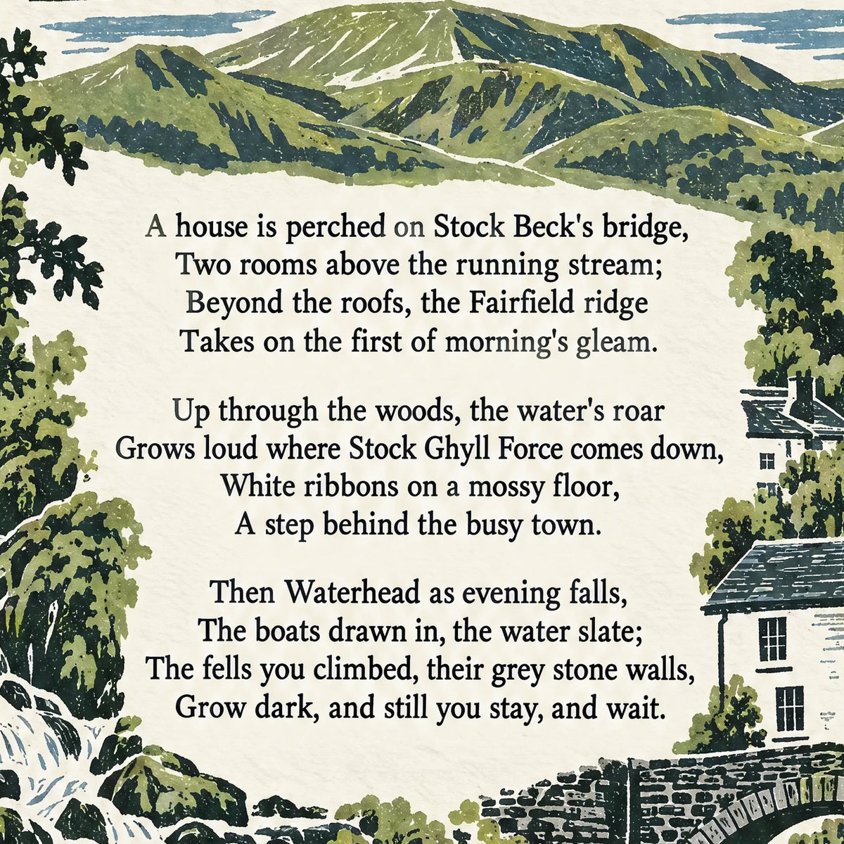 Ambleside poem print close-up: the lettering of the poem