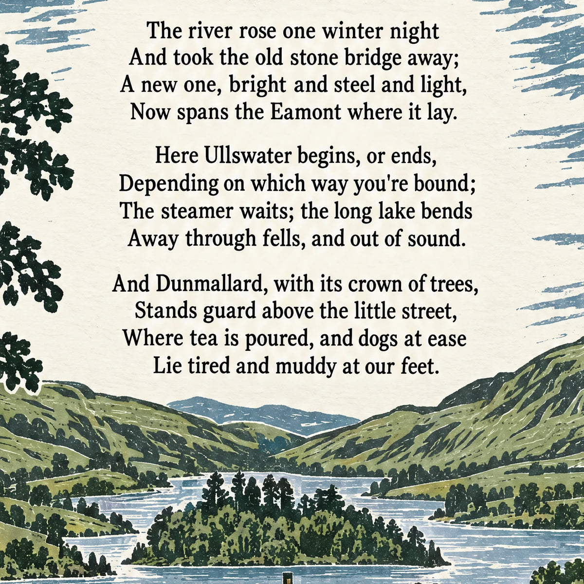 Pooley Bridge poem print close-up: the lettering of the poem